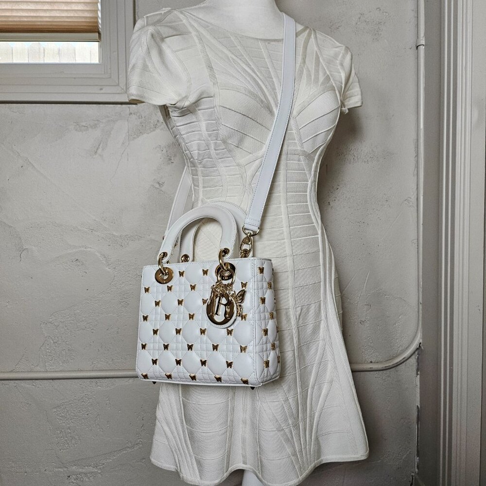 SOLD Dior Small Lady White Cannage Lambskin With Gold-Finish Butterfly Studs - Picture 13 of 13
